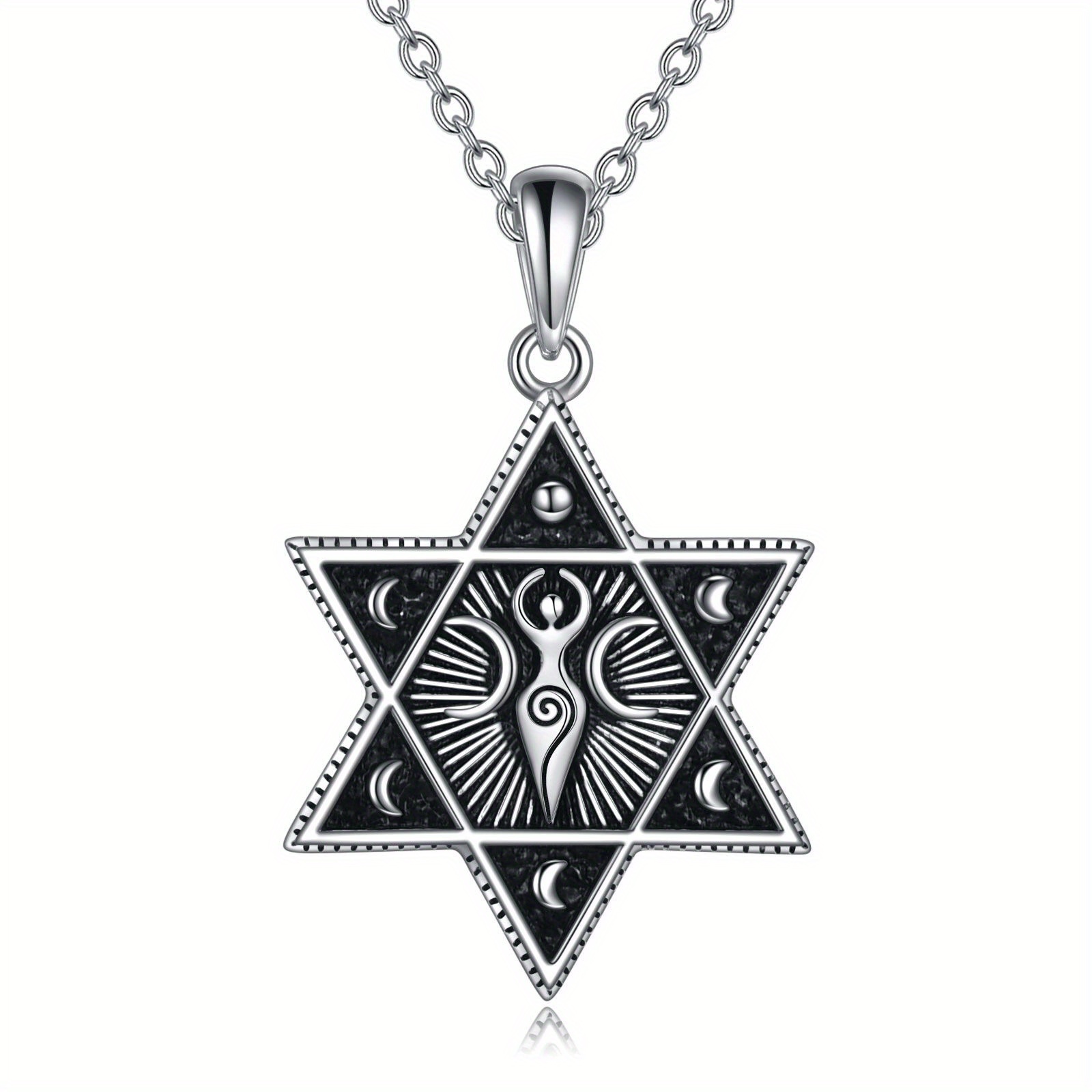 925 Sterling Silver Triple Moon Goddess Necklace with Star of David Pendant